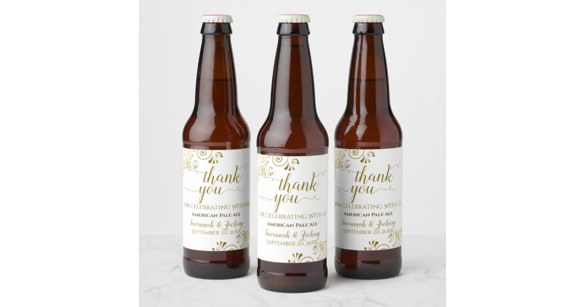 Elegant Lacy Gold & White Wedding Thank You Beer Bottle Label | Zazzle