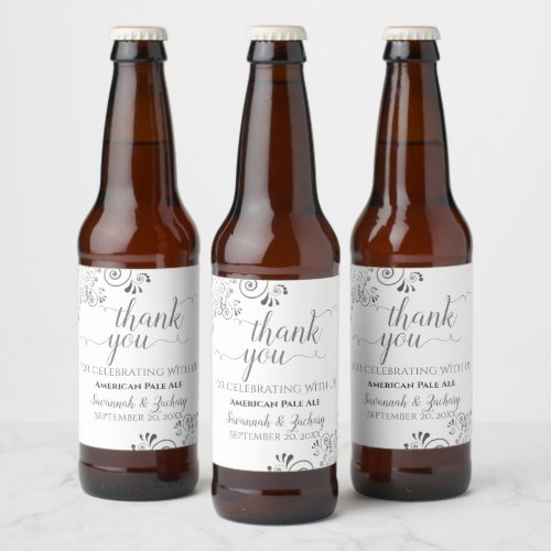Elegant Lacy Gray on White Wedding Thank You Beer Bottle Label