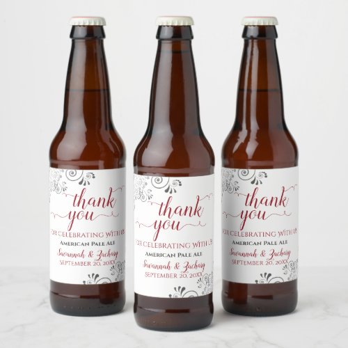 Elegant Lacy Gray Red  White Wedding Thank You Beer Bottle Label