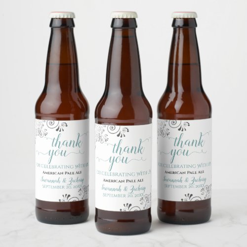 Elegant Lacy Gray Teal  White Wedding Thank You Beer Bottle Label