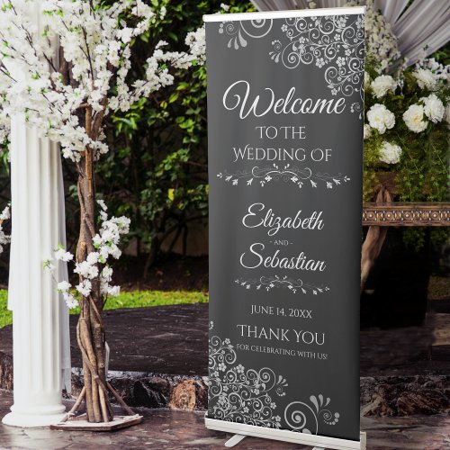 Elegant Lacy Silver  Black Classy Wedding Welcome Retractable Banner