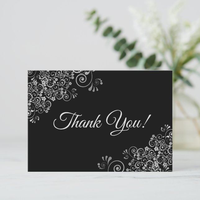Elegant Lacy Silver & Black Simple Wedding Thank You Card (Standing Front)