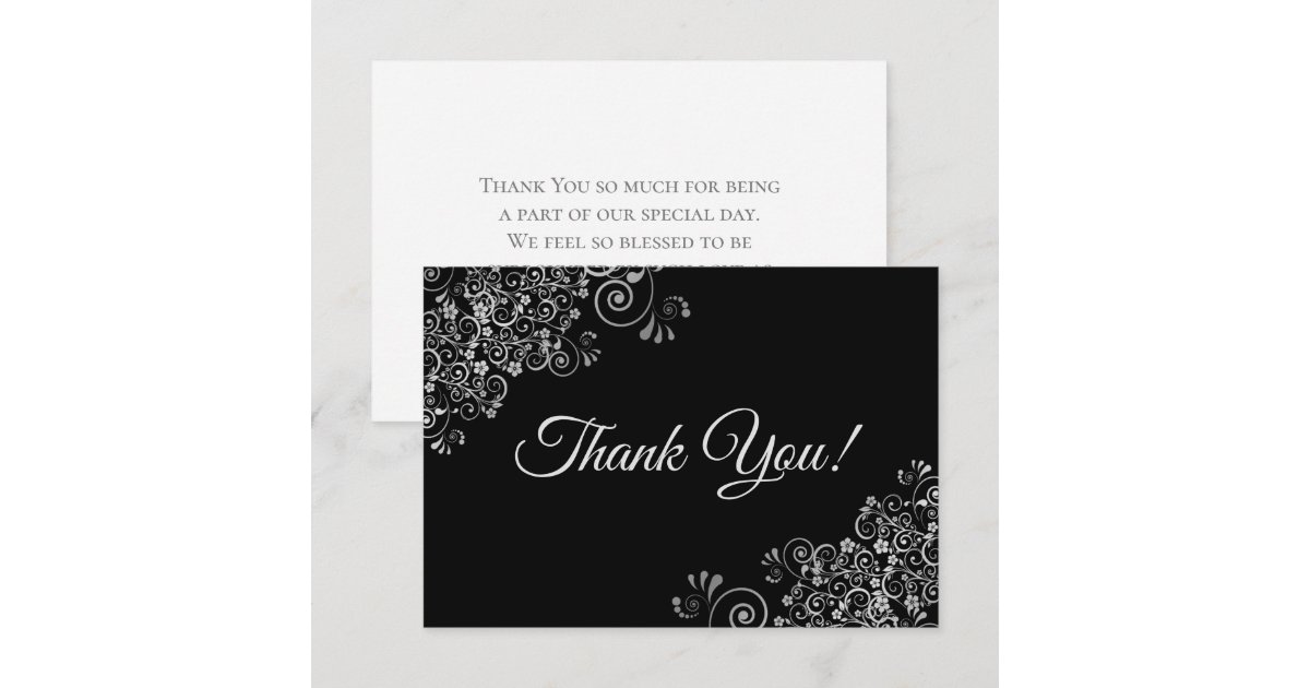 Elegant Lacy Silver & Black Simple Wedding Thank You Card | Zazzle