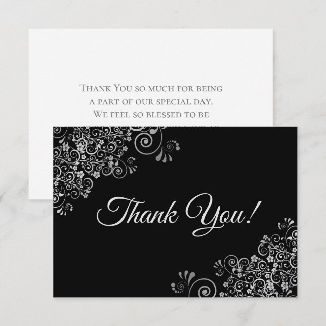Elegant Lacy Silver & Black Simple Wedding Thank You Card (Front/Back)