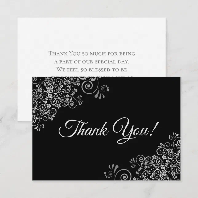 Elegant Lacy Silver & Black Simple Wedding Thank You Card | Zazzle