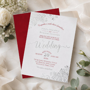 Elegant Lacy Silver & Crimson Red on White Wedding Foil Invitation
