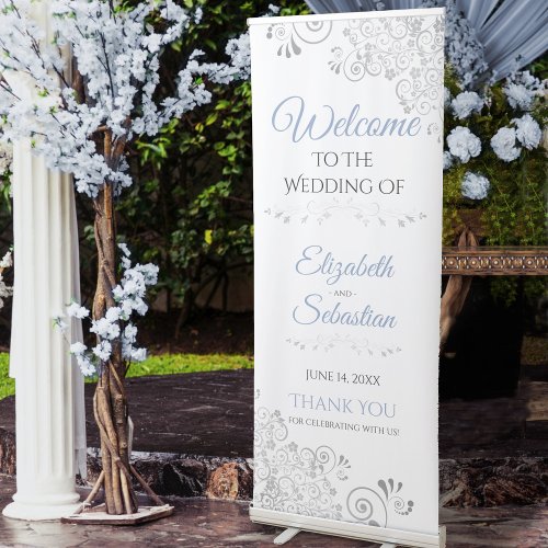 Elegant Lacy Silver  Dusty Blue Wedding Welcome Retractable Banner