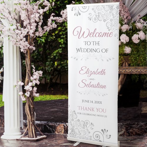 Elegant Lacy Silver  Dusty Rose Wedding Welcome Retractable Banner