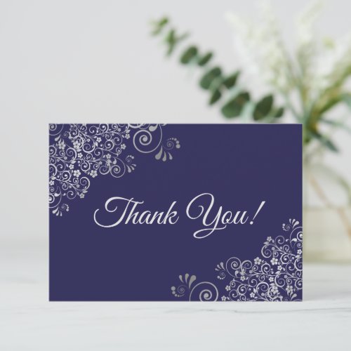 Elegant Lacy Silver  Navy Blue Simple Wedding Thank You Card