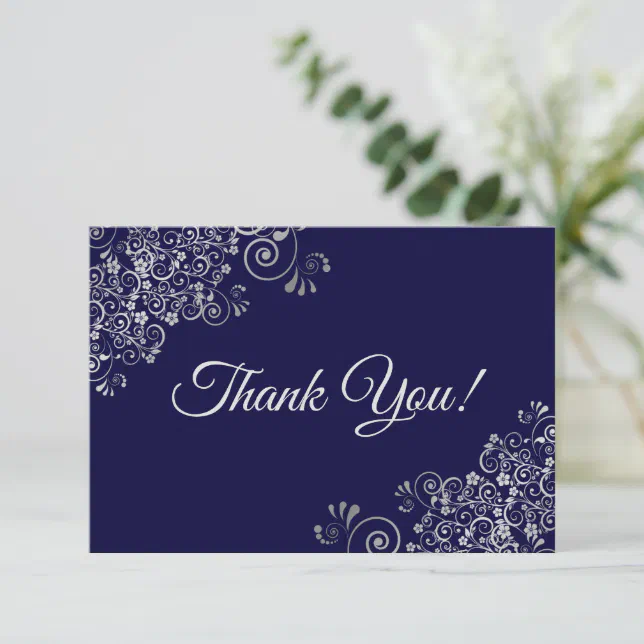 Elegant Lacy Silver & Navy Blue Simple Wedding Thank You Card | Zazzle
