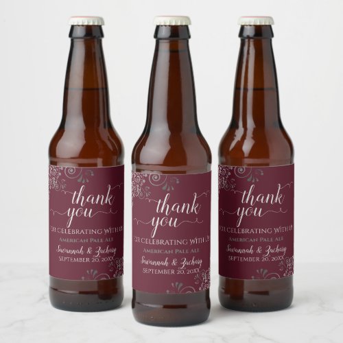 Elegant Lacy Silver on Burgundy Wedding Thank You Beer Bottle Label