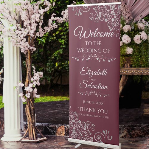 Elegant Lacy Silver on Burgundy Wedding Welcome Retractable Banner