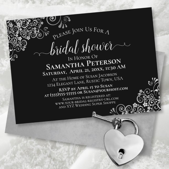 Elegant Lacy Silver on Classic Black Bridal Shower Invitation (Creator Uploaded)