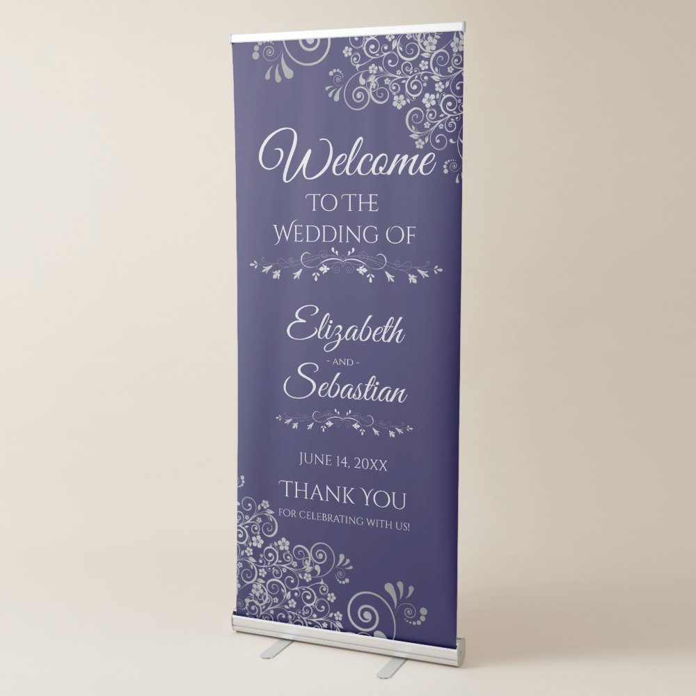 Disover Elegant Lacy Silver on Navy Blue Wedding Welcome Retractable Banner