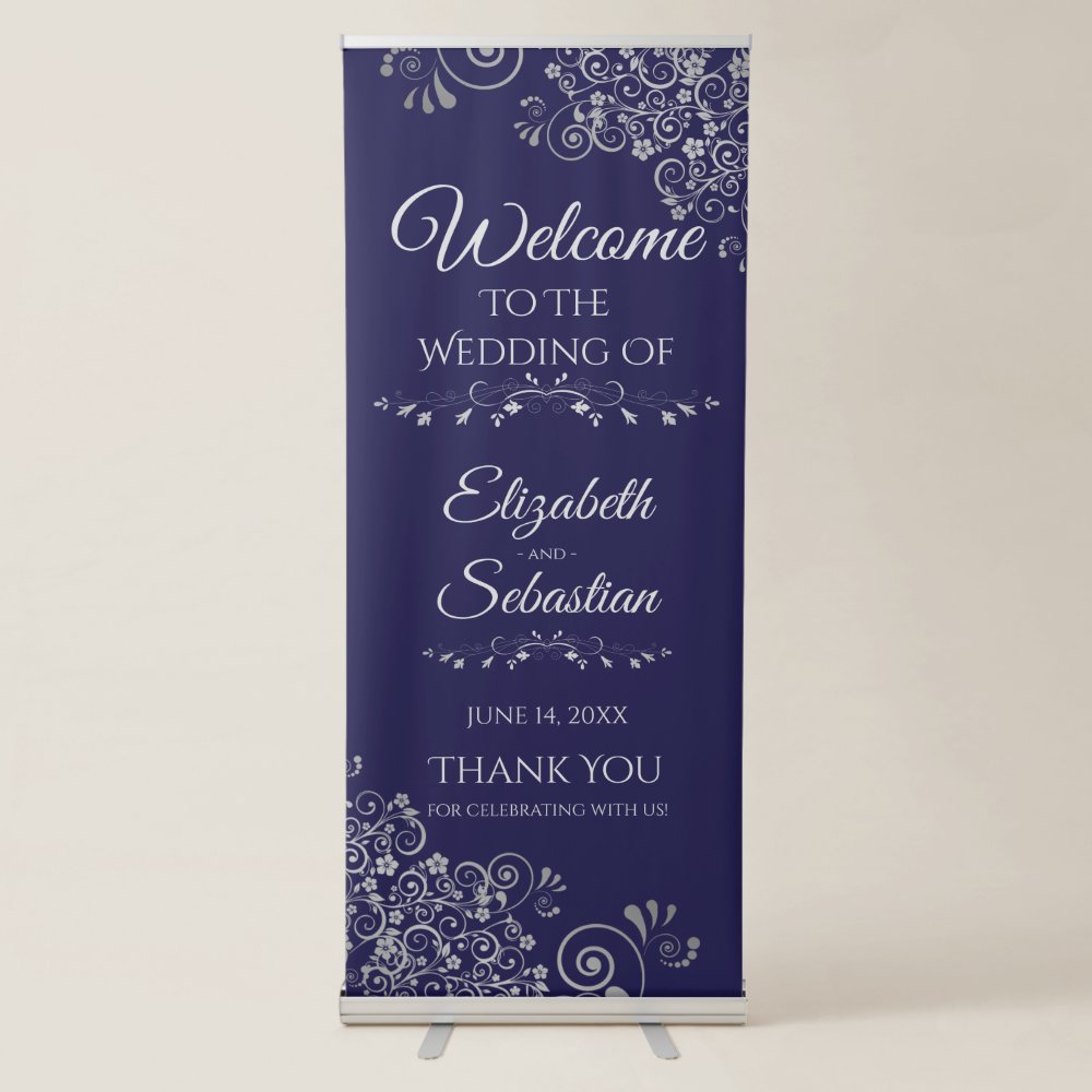 Disover Elegant Lacy Silver on Navy Blue Wedding Welcome Retractable Banner