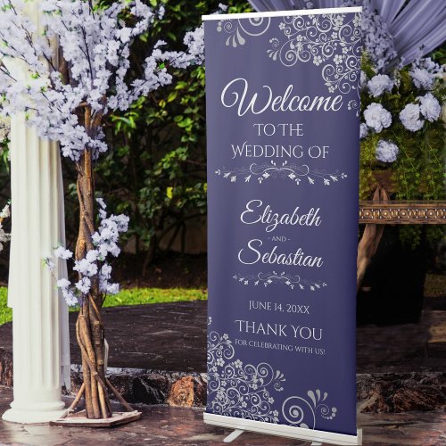 Elegant Lacy Silver on Navy Blue Wedding Welcome Retractable Banner