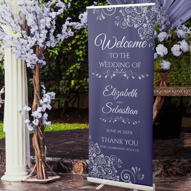 Elegant Lacy Silver on Navy Blue Wedding Welcome Retractable Banner (Creator Uploaded)