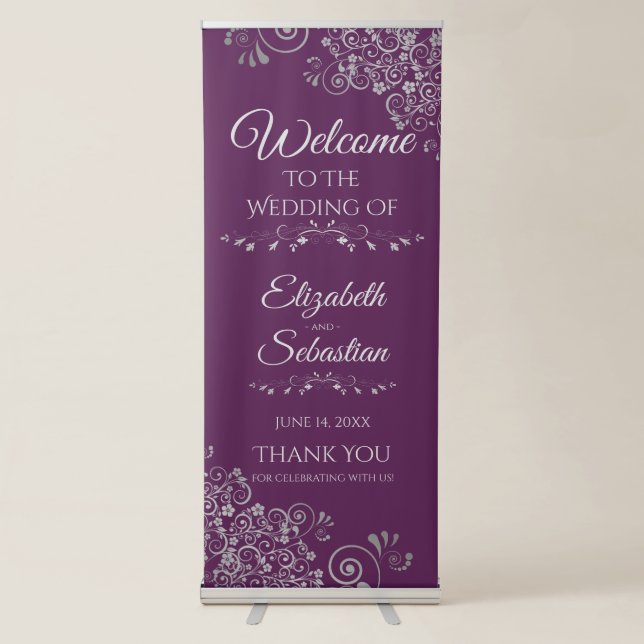 Elegant Lacy Silver & Plum Classy Wedding Welcome Retractable Banner (Front)