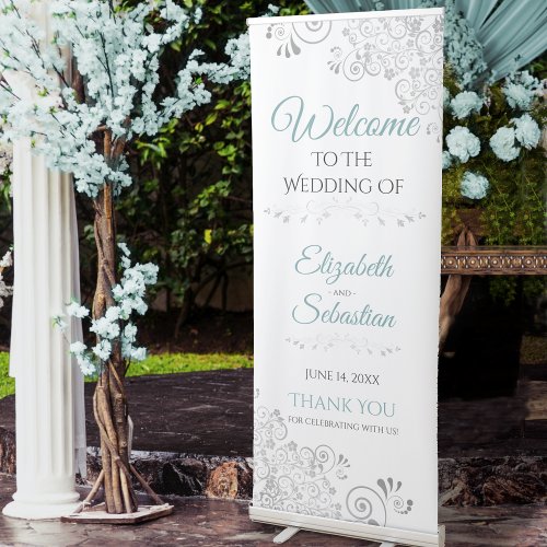 Elegant Lacy Silver  Teal Wedding Welcome White Retractable Banner