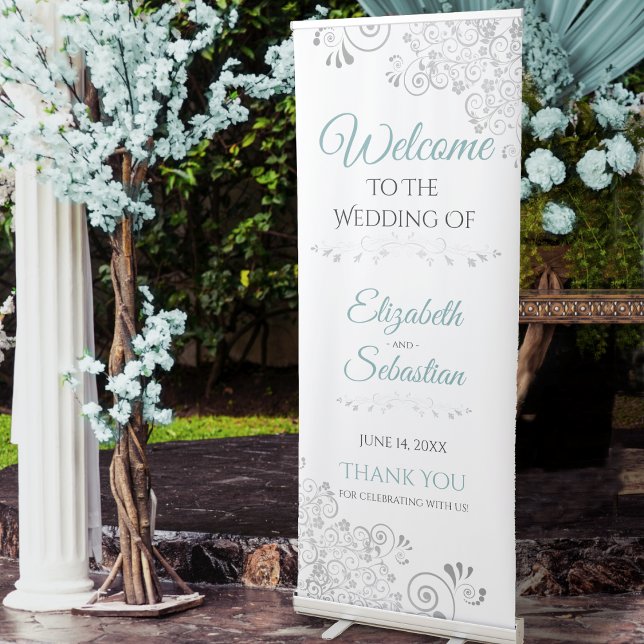 Elegant Lacy Silver & Teal Wedding Welcome White Retractable Banner (Creator Uploaded)