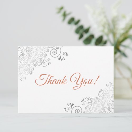 Elegant Lacy Silver  Terracotta on White Wedding Thank You Card