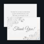 Elegant Lacy Silver & White Simple Wedding Thank You Card<br><div class="desc">These simple cards are a wonderful way to thank your wedding guests for being a part of your special day. The front features fancy silver faux foil frills in the corners with gray script lettering reading "thank you" all on a classic white background. The back has space for a short...</div>