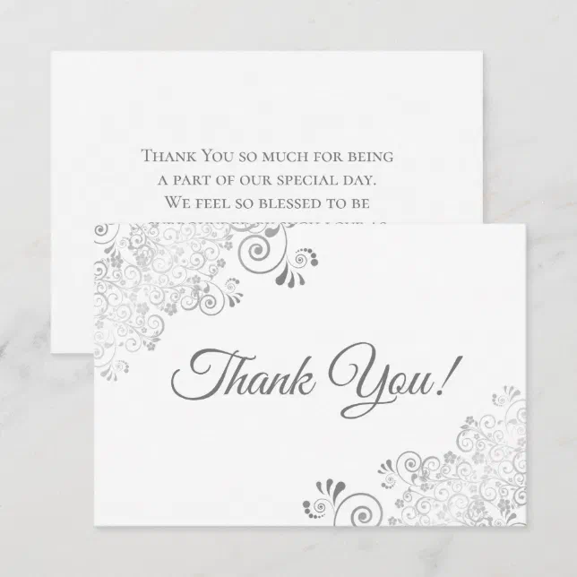 Elegant Lacy Silver & White Simple Wedding Thank You Card | Zazzle