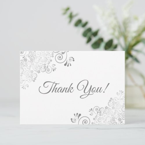 Elegant Lacy Silver  White Simple Wedding Thank You Card