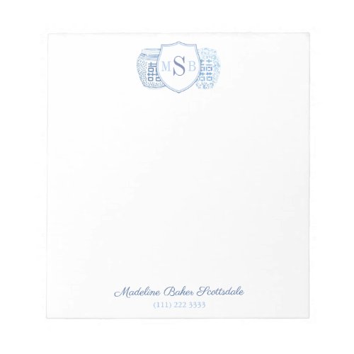 Elegant Ladies Ginger Jar Blue And White Monogram Notepad