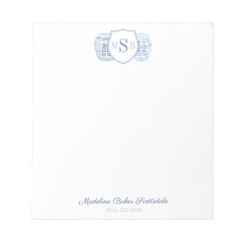 Elegant Ladies Ginger Jar Blue And White Monogram Notepad - A classic blue and white design featuring a 3 letter monogram inside a crest and blue and white watercolor ginger jars. The watercolor elements were originally handpainted by me in watercolors onto 100% cotton paper before being scanned and arranged / styled digitally (the crest shape is by another artist). You can change all text colors and fonts (click to customize further underneath the text customisation area - this will take you into the design tool).