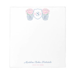 Elegant Ladies Pink Peonies Navy Blue Monogram Notepad