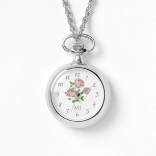 Elegant Ladies Watch Necklace with Pink Roses