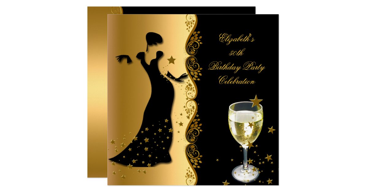 Elegant Lady 50th Birthday Party Gold Black Wine Invitation | Zazzle.com