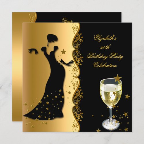 Elegant Lady 50th Birthday Party Gold Black Wine Invitation
