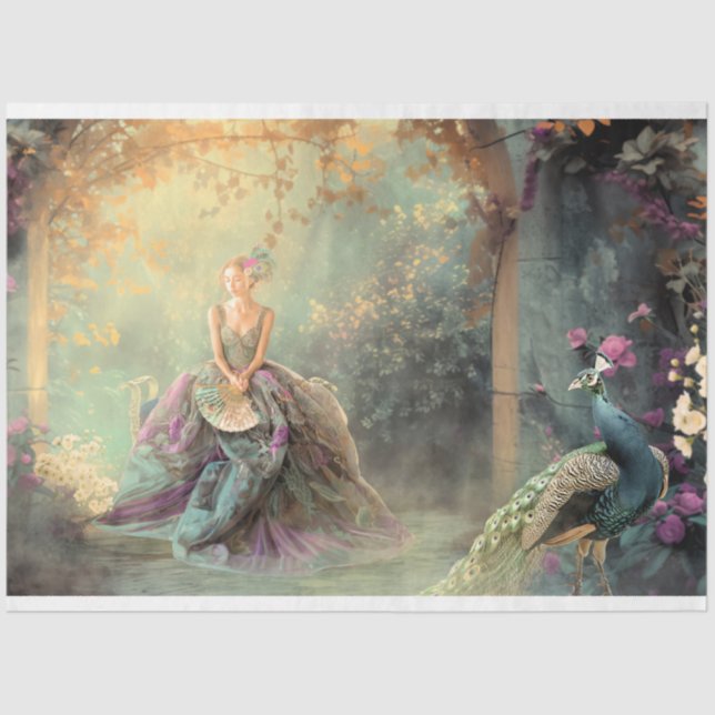 Elegant Lady & a Peacock, Vibrant Portrait Art Tissue Paper (Front)