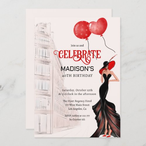 Elegant Lady And Balloons Birthday  Invitation