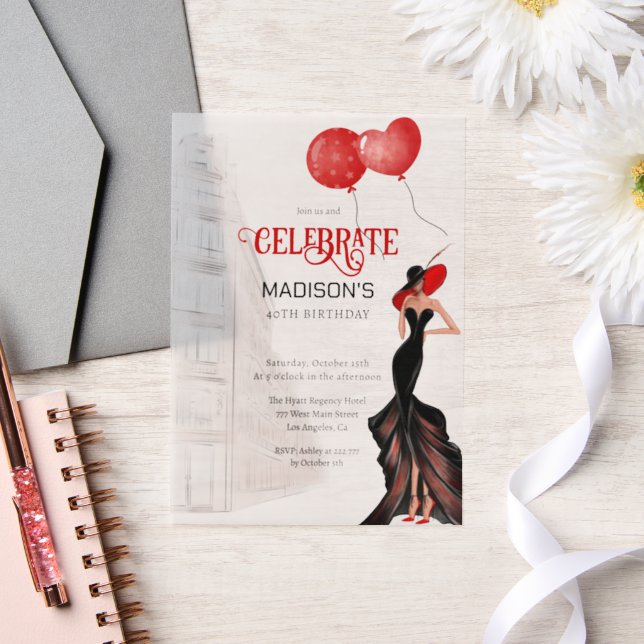 Elegant Lady And Balloons Birthday  Vellum Invitations (Wedding)