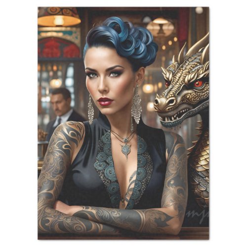 Elegant Lady Boss With Tattoo And Dragon Decoupage Tissue Paper
