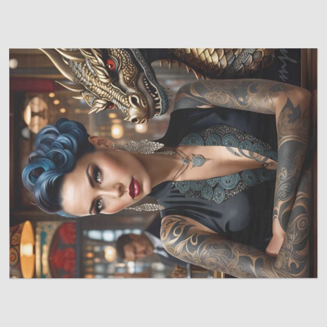 Elegant Lady Boss With Tattoo And Dragon Decoupage Tissue Paper (Front)