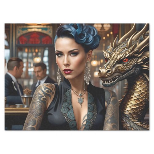 Elegant Lady Boss With Tattoo And Dragon Decoupage Tissue Paper