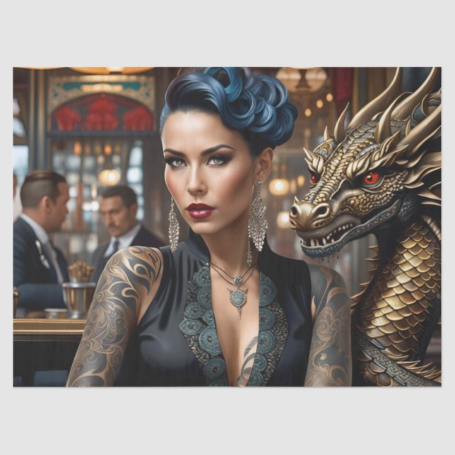Elegant Lady Boss With Tattoo And Dragon Decoupage Tissue Paper (Front)