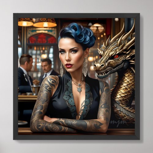 Elegant Lady Boss With Tattoo And Dragon Framed Art