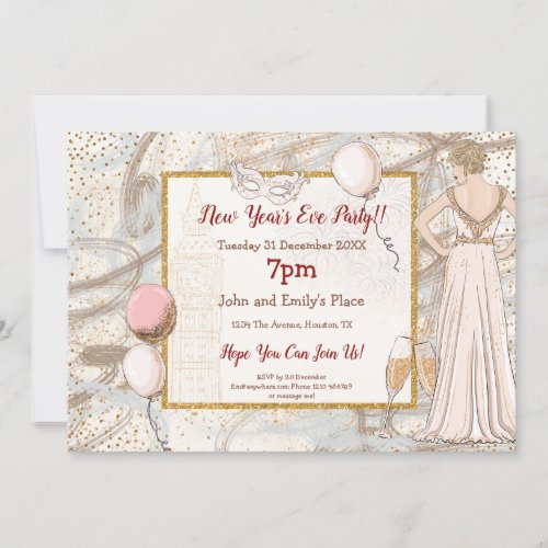 Elegant Lady Confetti Champagne New Year Party Invitation