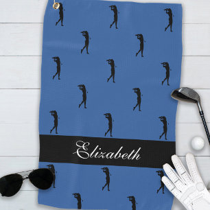 Elegant Lady Golfer Royal Blue Pattern Custom Name Golf Towel