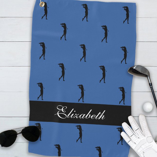 Elegant Lady Golfer Royal Blue Pattern Custom Name Golf Towel (Creator Uploaded)