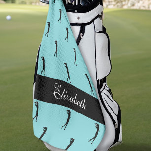 Elegant Lady Golfer Teal Pattern Custom Name Golf Towel