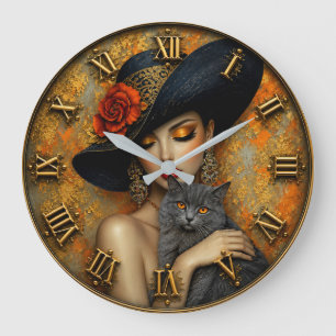 Elegant Lady & Gray Cat Luxury Fashion Art Large Clock