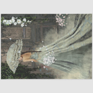 Elegant lady Green dress Parasol Old Door Floral Tissue Paper