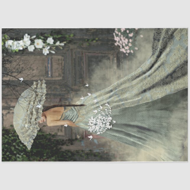 Elegant lady Green dress Parasol Old Door Floral Tissue Paper (Front)