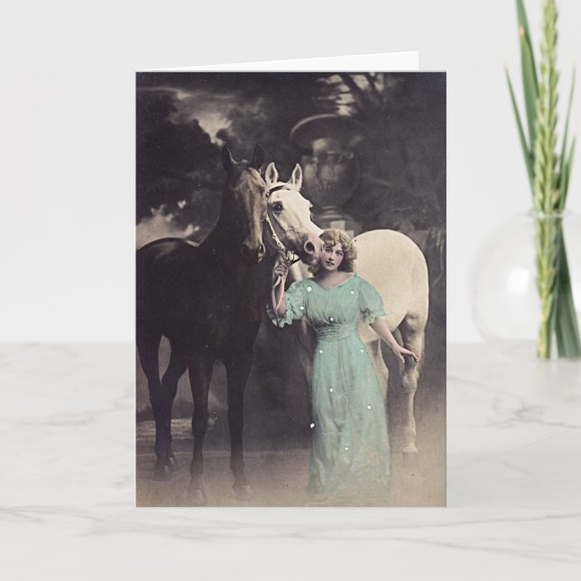 Elegant Lady in a Green Dress with Two Horses Card (Front)